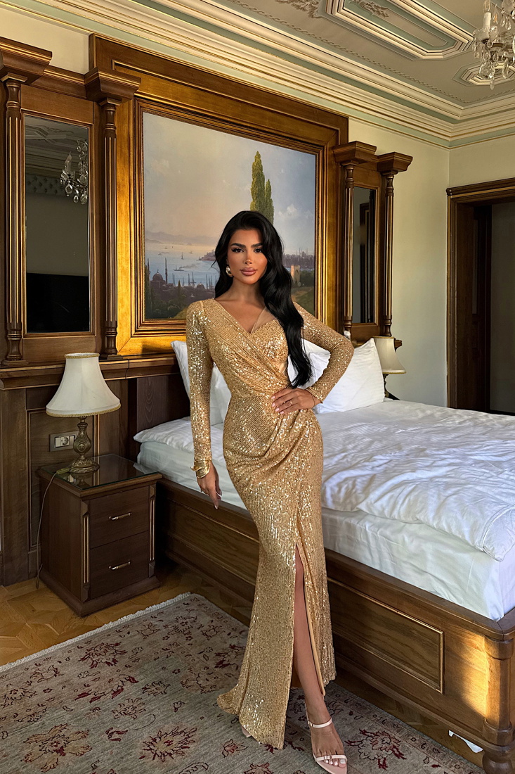 Sarı Tamera Uzun Kollu Payetli Abiye ATE-3412 - EYYO