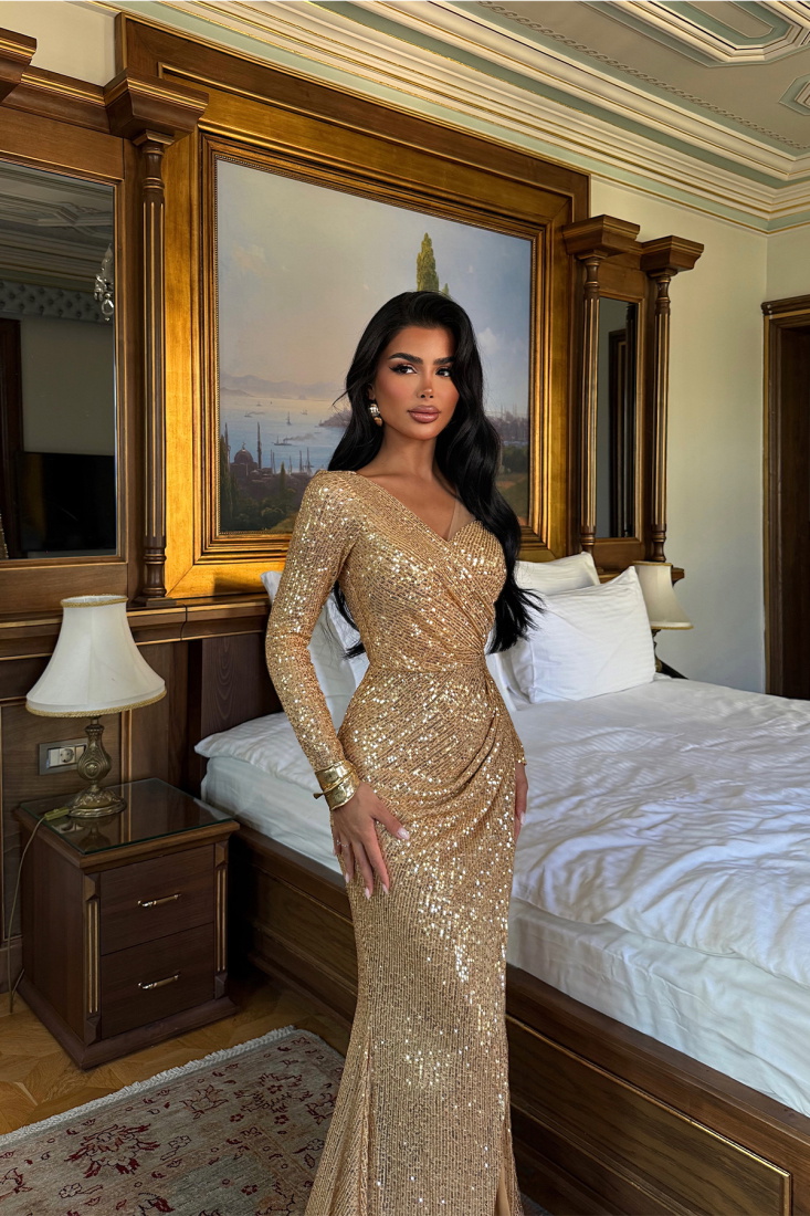 Sarı Tamera Uzun Kollu Payetli Abiye ATE-3412 - EYYO