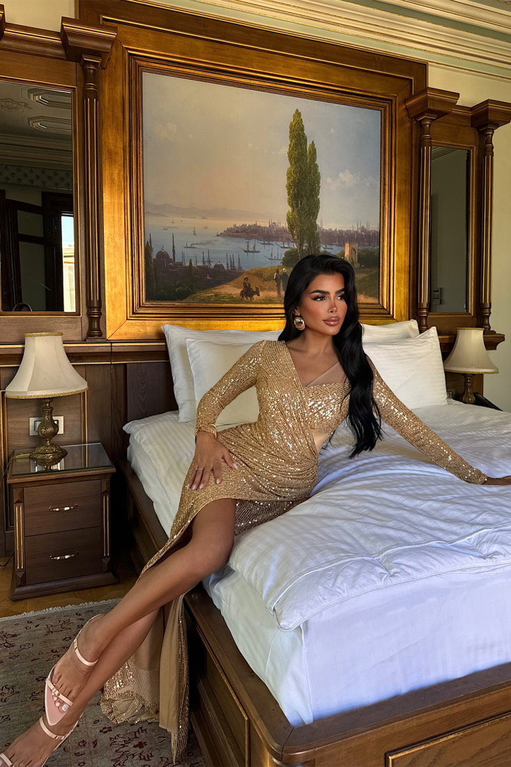 Sarı Tamera Uzun Kollu Payetli Abiye ATE-3412 - EYYO