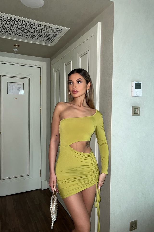 Sarı Tek Kol Mini Elbise ATE4654 - 1