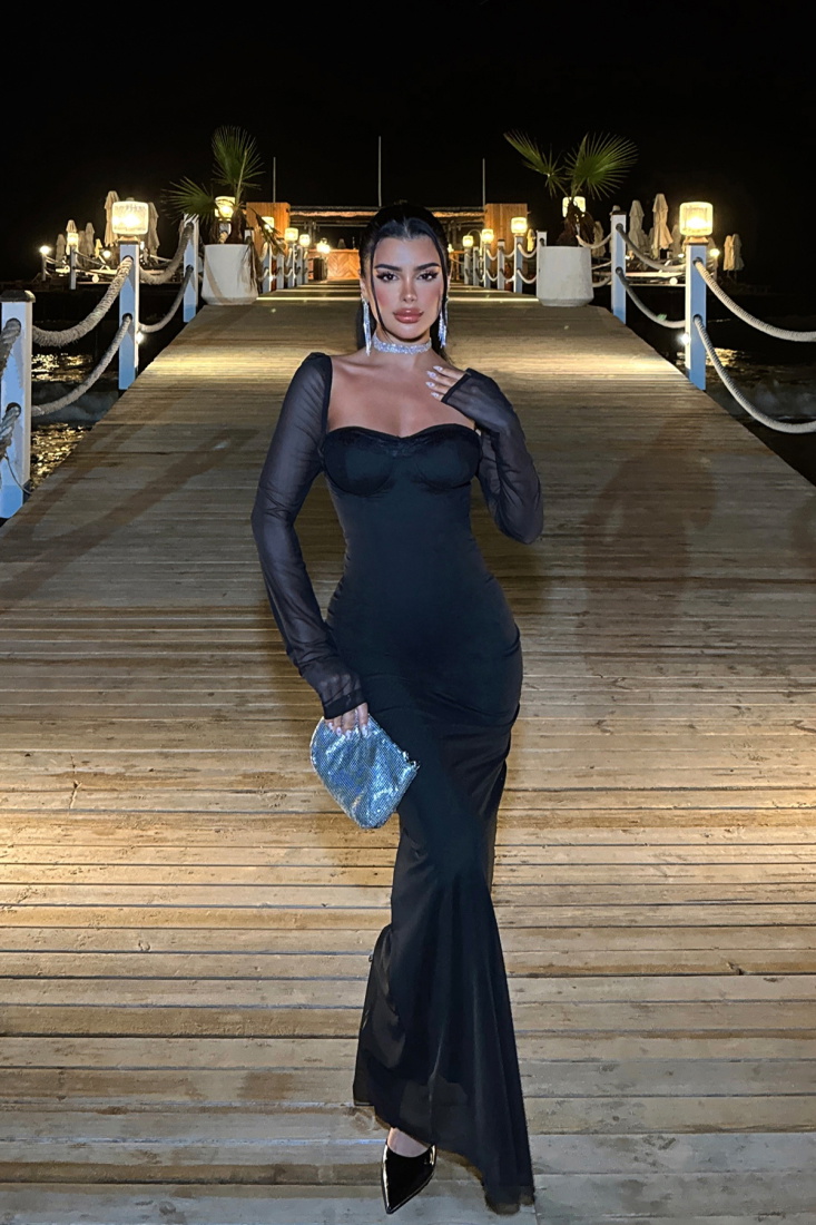 Siyah Swirl Dantel Elbise ATE-1093 - EYYO