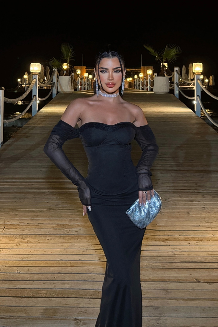 Siyah Swirl Dantel Elbise ATE-1093 - EYYO