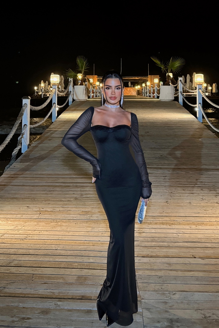 Siyah Swirl Dantel Elbise ATE-1093 - EYYO