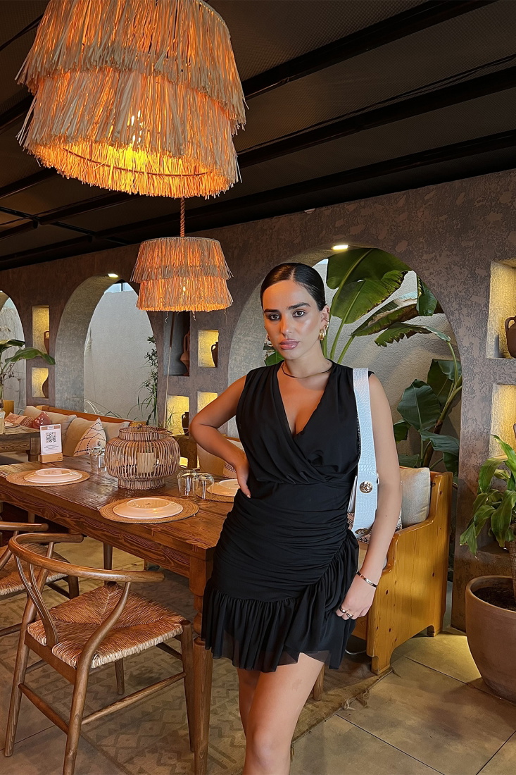 Siyah Asimetrik Kesim Mini Elbise ATE2151 - EYYO