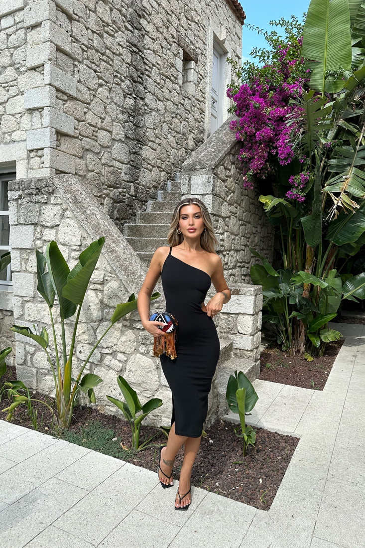 Siyah Askı Detay Pencereli Elbise ATEL2085 - EYYO