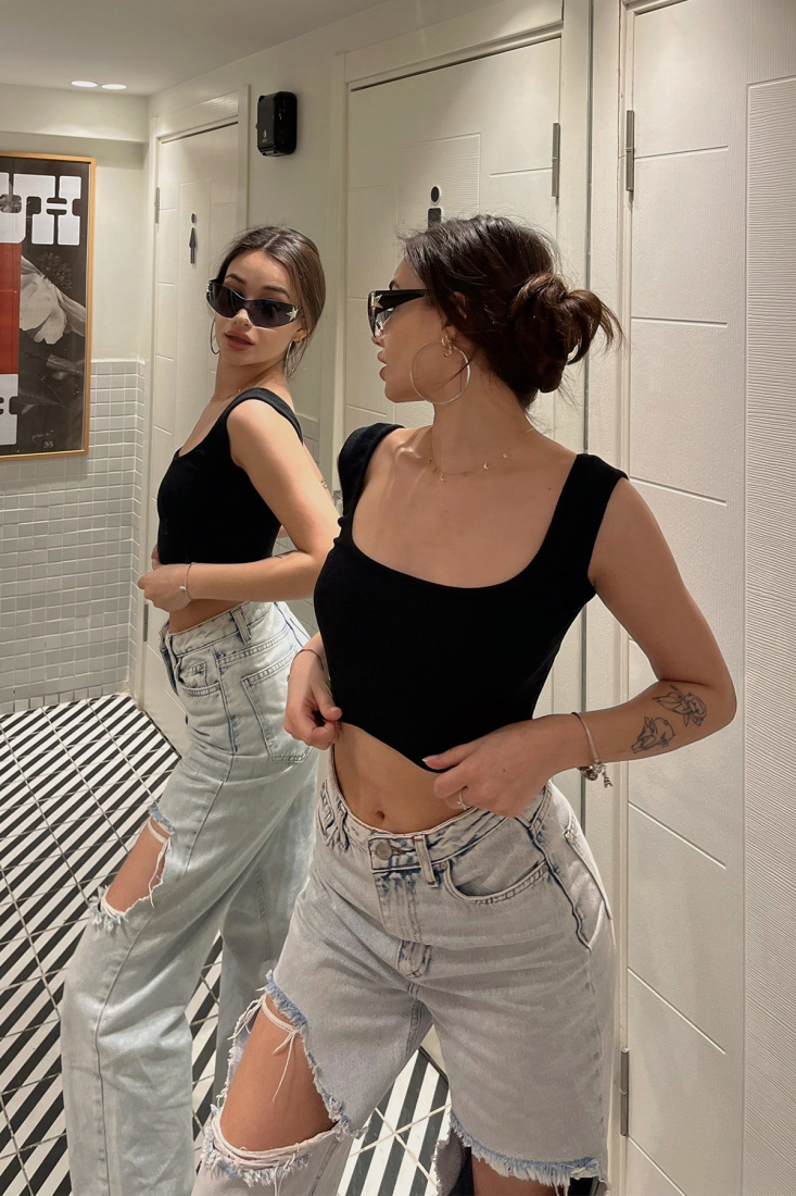 Siyah Askılı Crop Top ATE4609 - ZECHKA