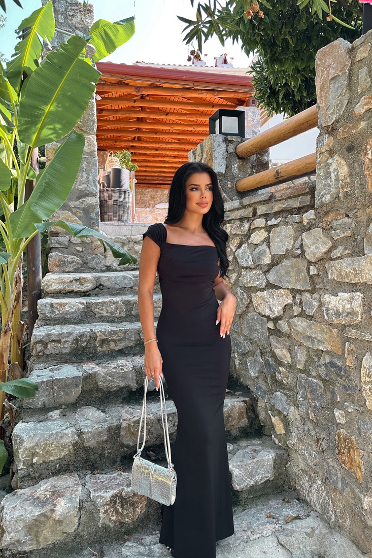 Siyah Askılı Sırtı Bağlamalı Uzun Elbise ATE7911 - EYYO