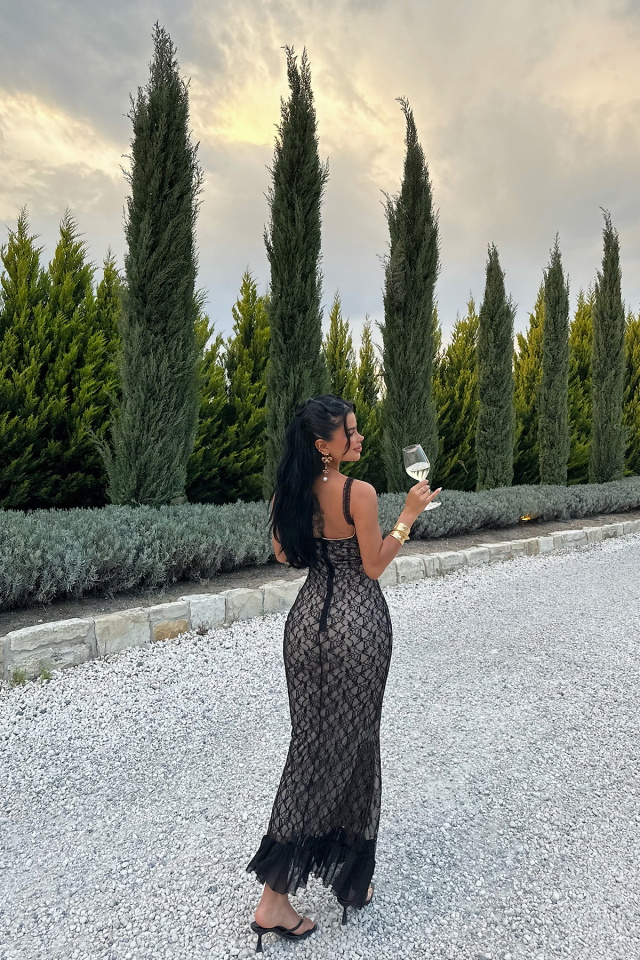 Siyah Khloe Dantel Askılı Uzun Elbise