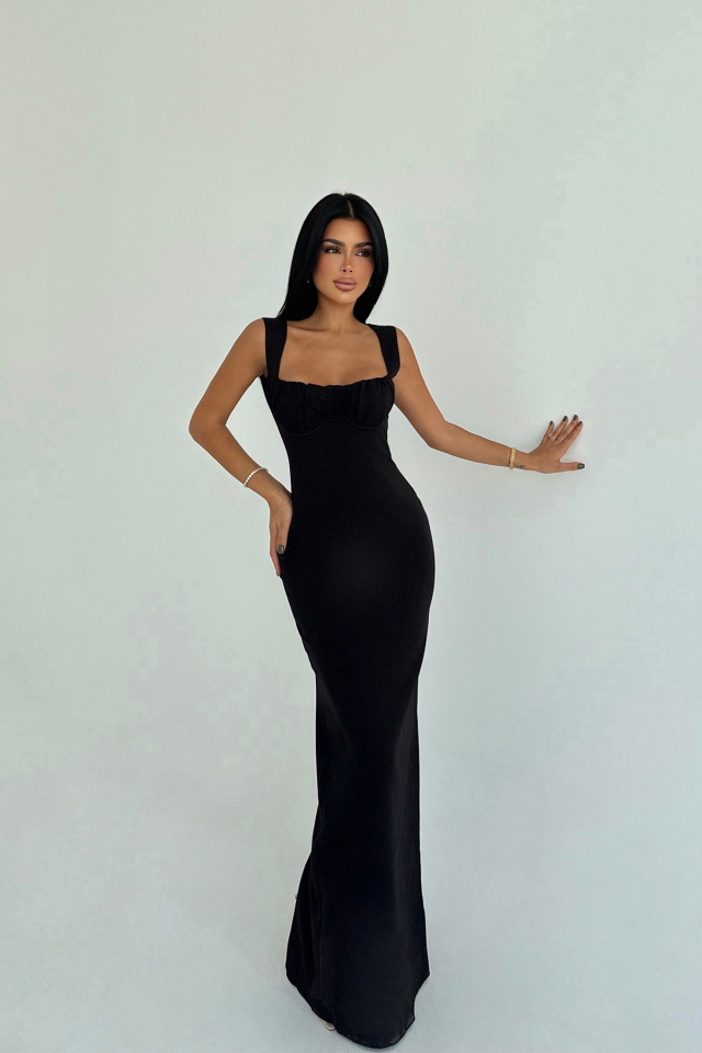 Siyah Shawly Uzun Elbise ATE-3468 - 1