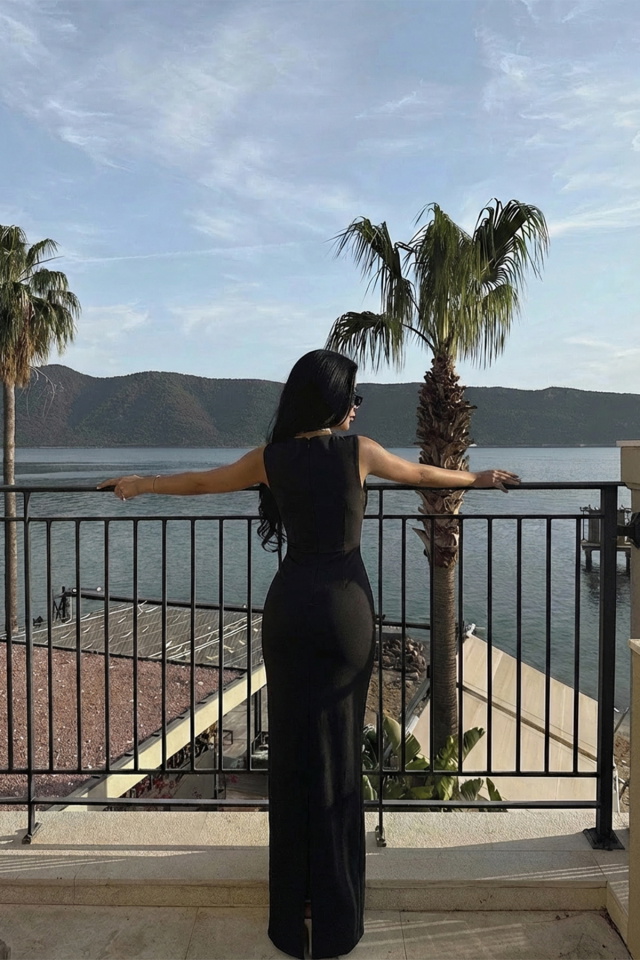 Siyah Shawly Uzun Elbise ATE-3468 - 2