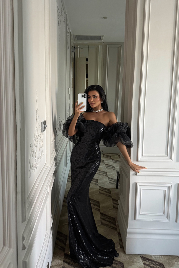 Siyah Pailette Yırtmaçlı Uzun Elbise ATE-2975 - EYYO