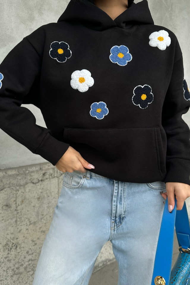 Siyah Astrıd Çiçek Nakışlı Sweat ATE-0664 - 2