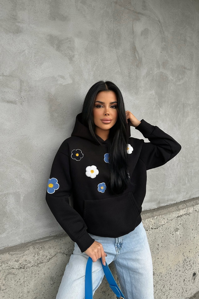 Siyah Astrıd Çiçek Nakışlı Sweat ATE-0664 