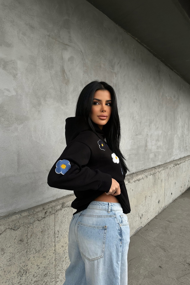Siyah Astrıd Çiçek Nakışlı Sweat ATE-0664 - 5