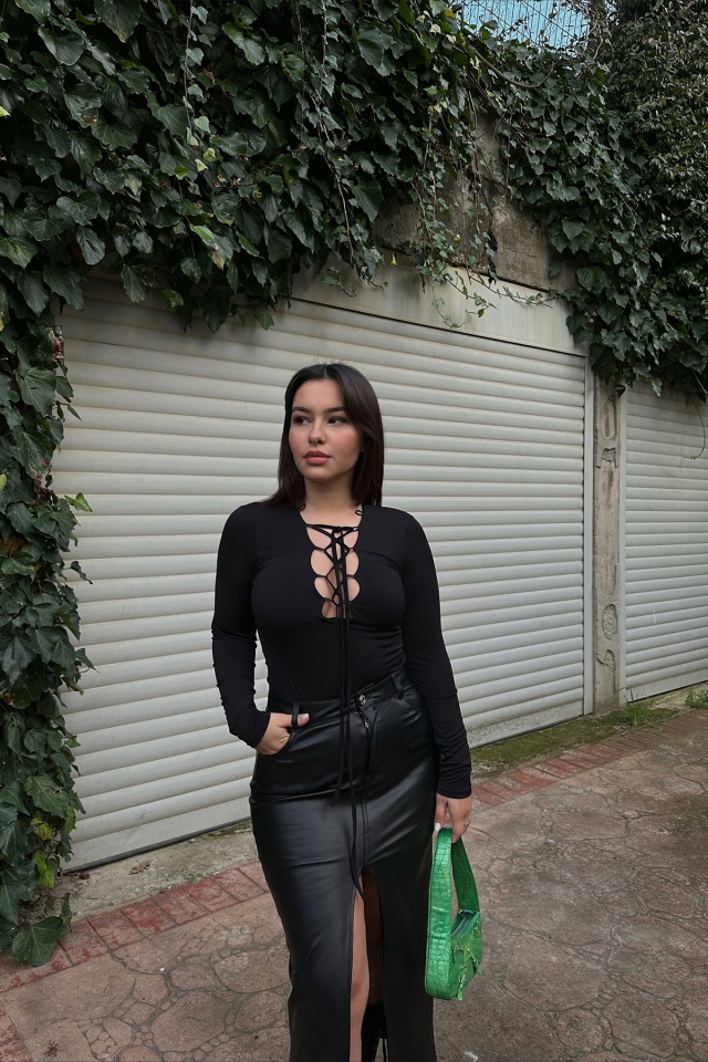 Siyah Bağlamalı Bodysuit ATE3469 - 1