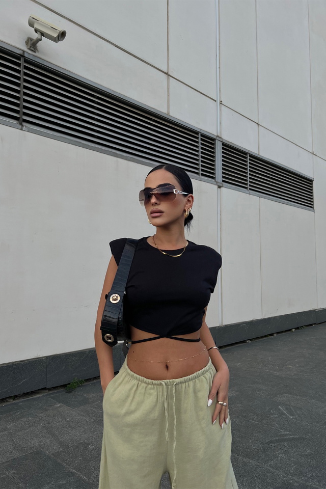 Siyah Bağlamalı Crop Top ATE2322 -