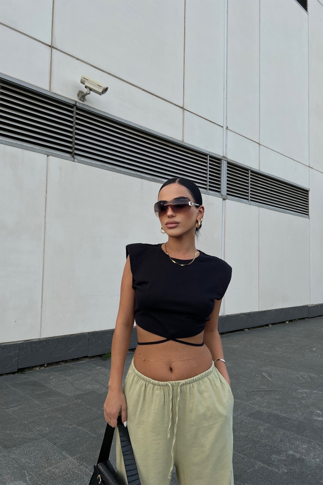 Siyah Bağlamalı Crop Top ATE2322