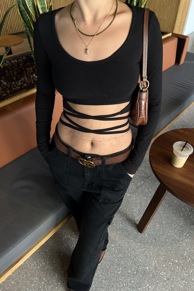 Siyah Bağlamalı Crop Top ATE2429 - 2