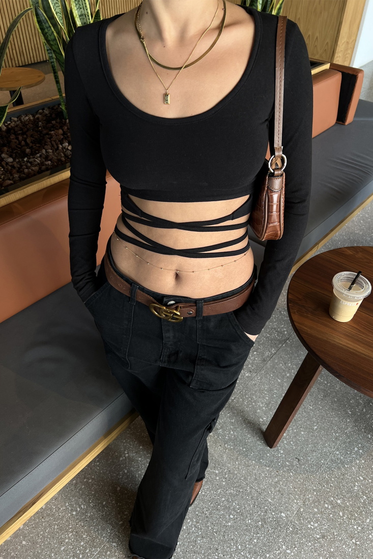 Siyah Bağlamalı Crop Top ATE2429 - EYYO