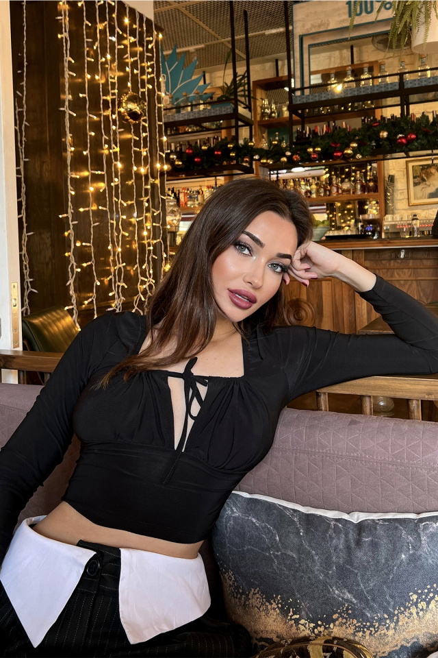 Siyah Bağlamalı Crop Top ATE3147 - 2