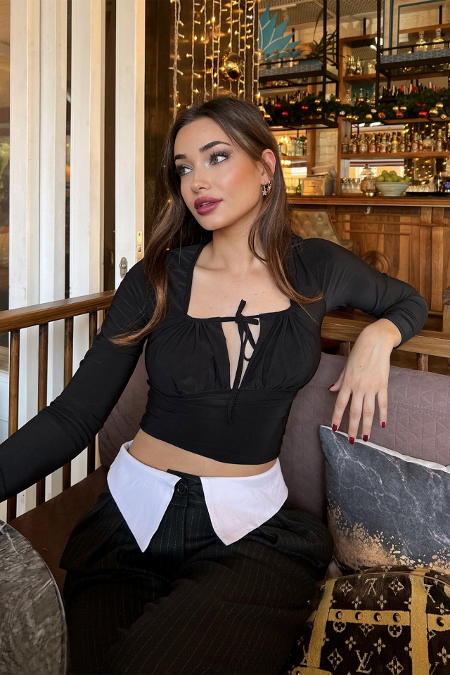 Siyah Bağlamalı Crop Top ATE3147 -