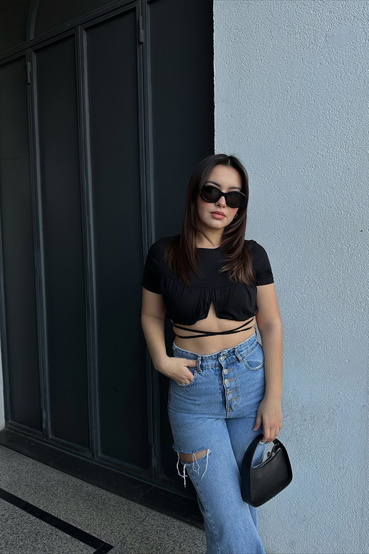 Siyah Bağlamalı Crop Top ATE3971 - DEPPOT