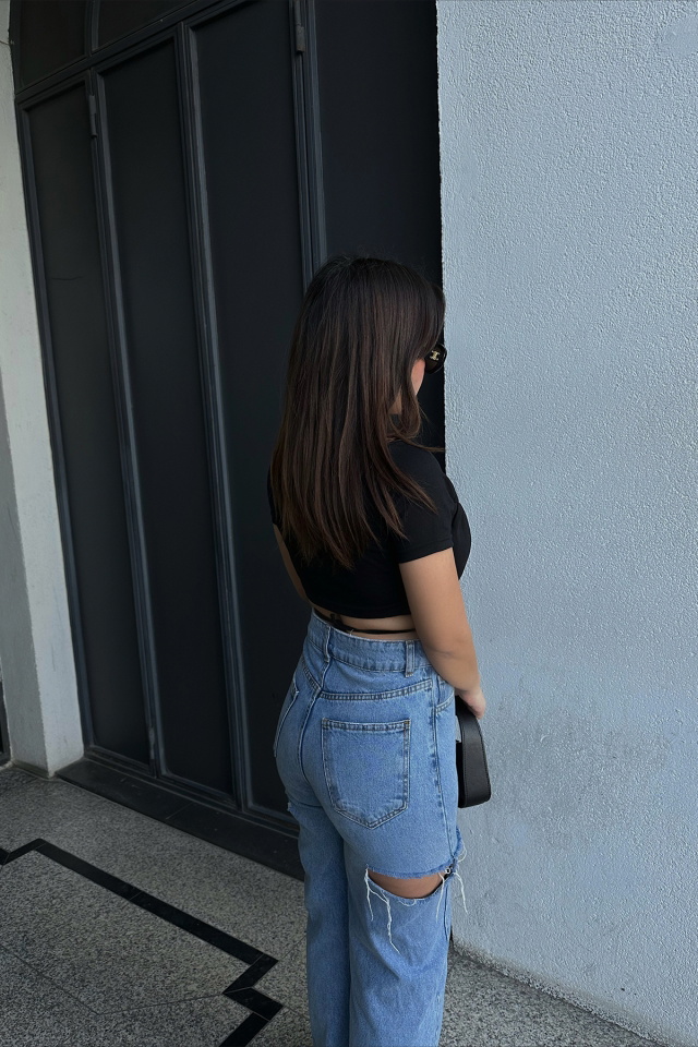 Siyah Bağlamalı Crop Top ATE3971 - 2