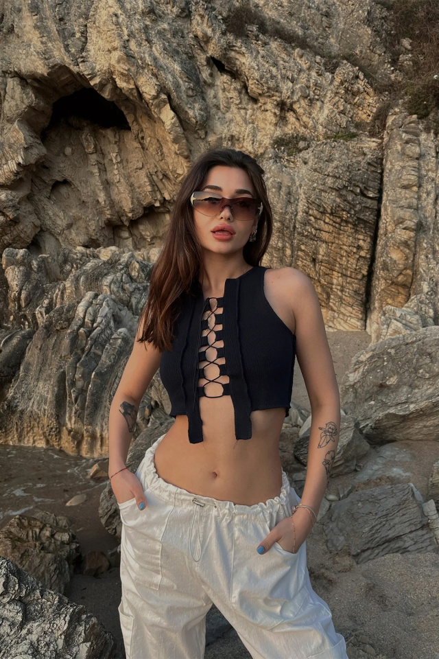 Lacivert Bağlamalı Crop Top ATE4934 - 3