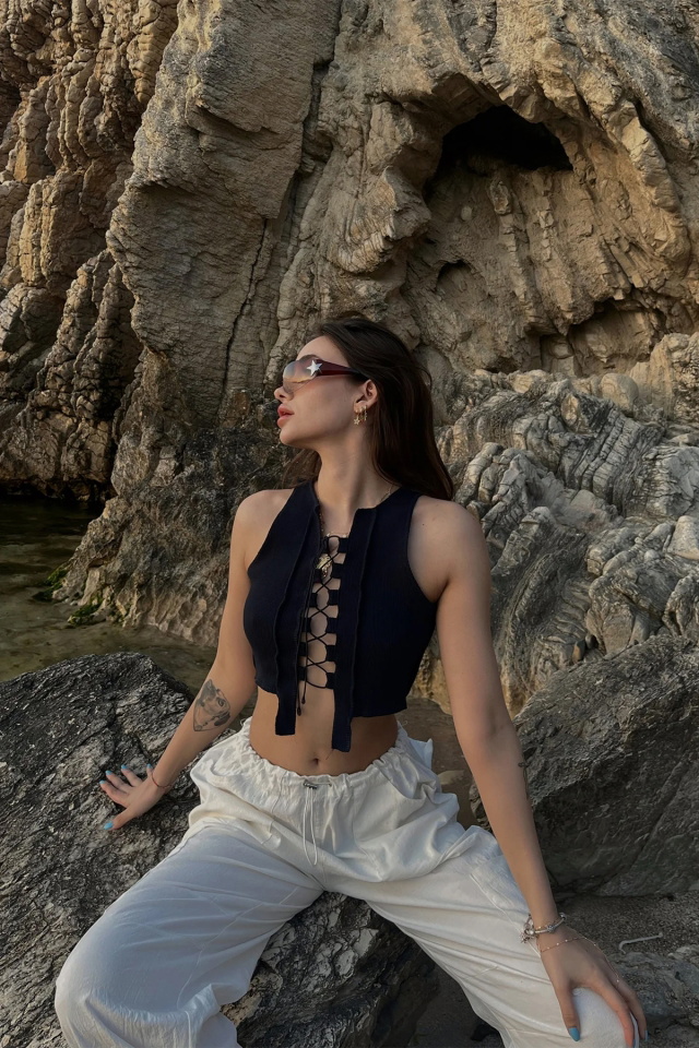 Lacivert Bağlamalı Crop Top ATE4934 - 4