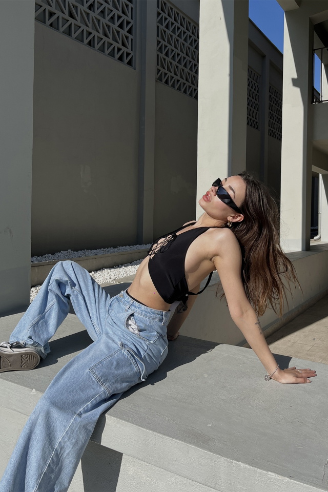 Siyah Bağlamalı Crop Top ATE5121 - 3