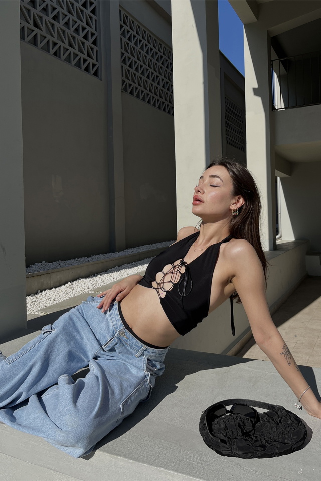 Siyah Bağlamalı Crop Top ATE5121 - 4