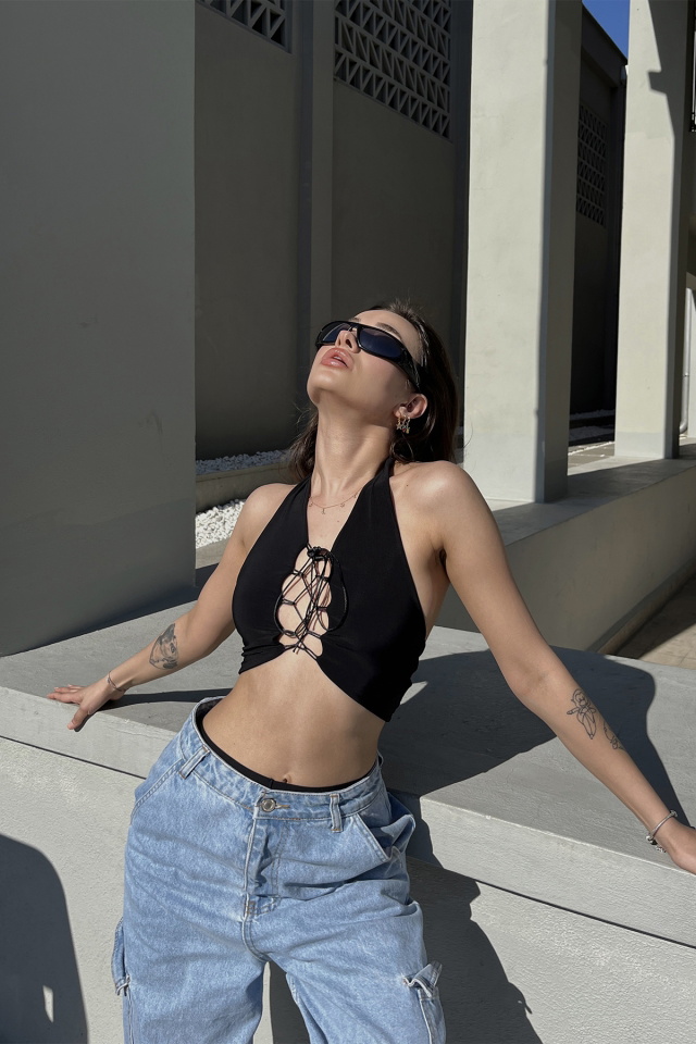 Siyah Bağlamalı Crop Top ATE5121 - 1