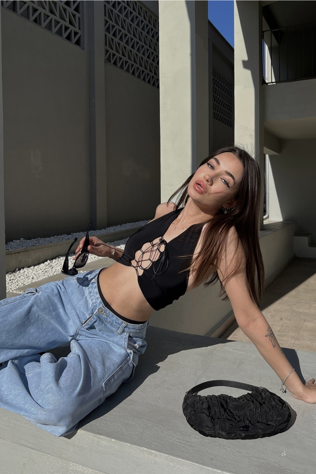 Siyah Bağlamalı Crop Top ATE5121 - 2