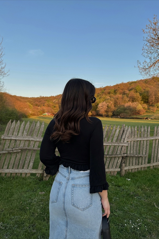 Siyah Bağlamalı Crop Top ATE5335 - 2