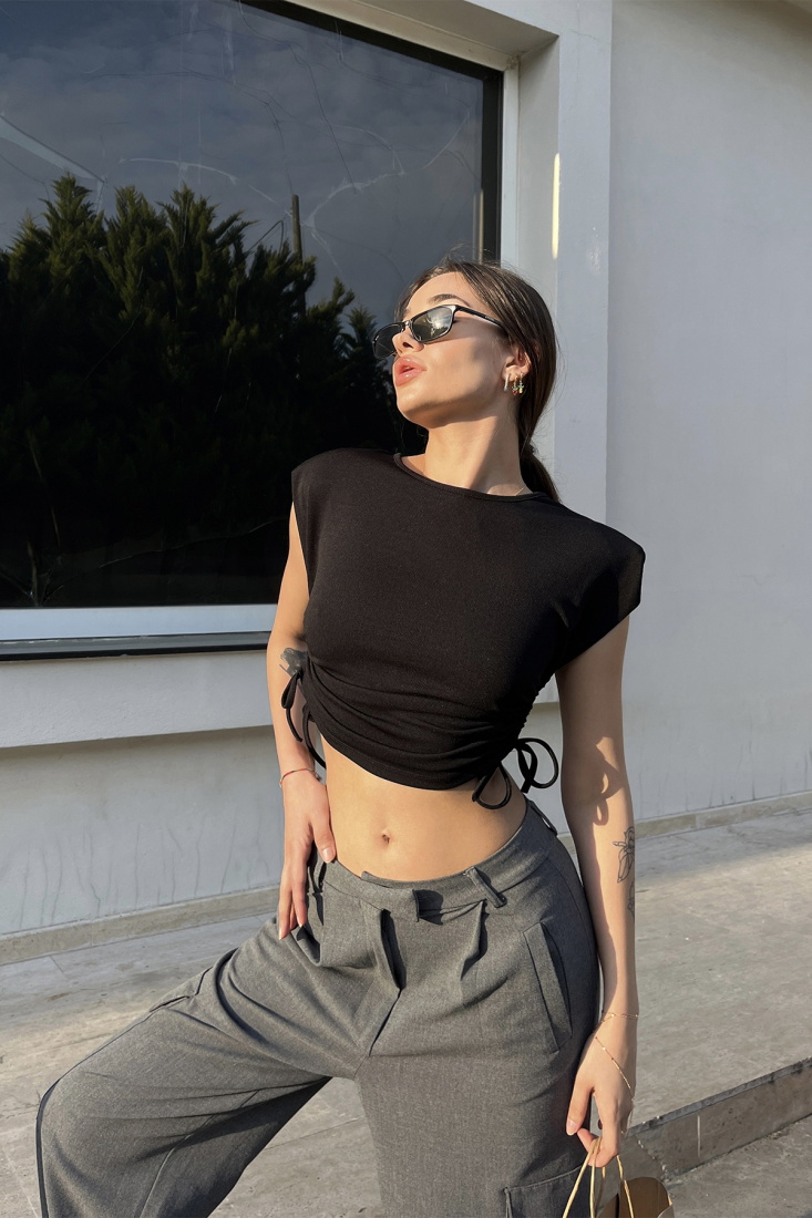 Siyah Bağlamalı Crop Top ATE6523 - TİLLE