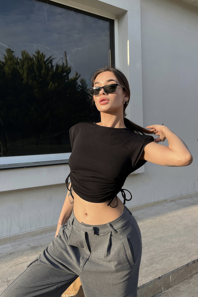 Siyah Bağlamalı Crop Top ATE6523 - 5