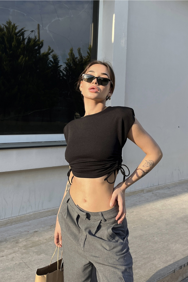 Siyah Bağlamalı Crop Top ATE6523 - TİLLE