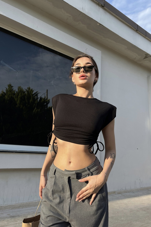 Siyah Bağlamalı Crop Top ATE6523 - 1