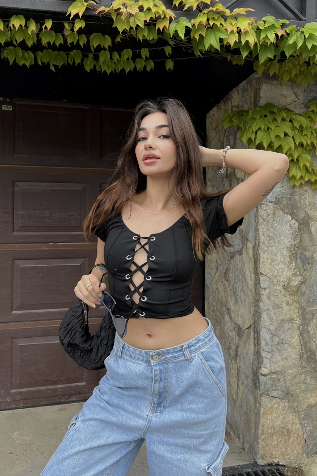 Siyah Bağlamalı Crop Top ATE6698 - 4