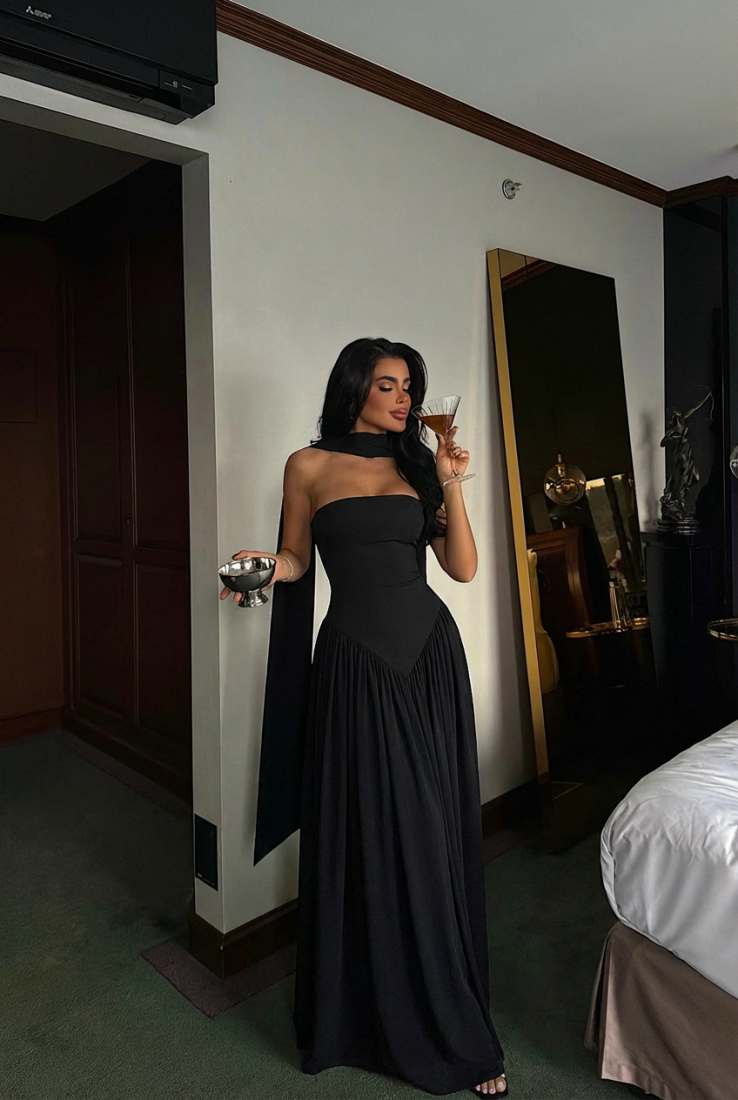 Siyah Sinatra Uzun Elbise ATE-3502 - EYYO