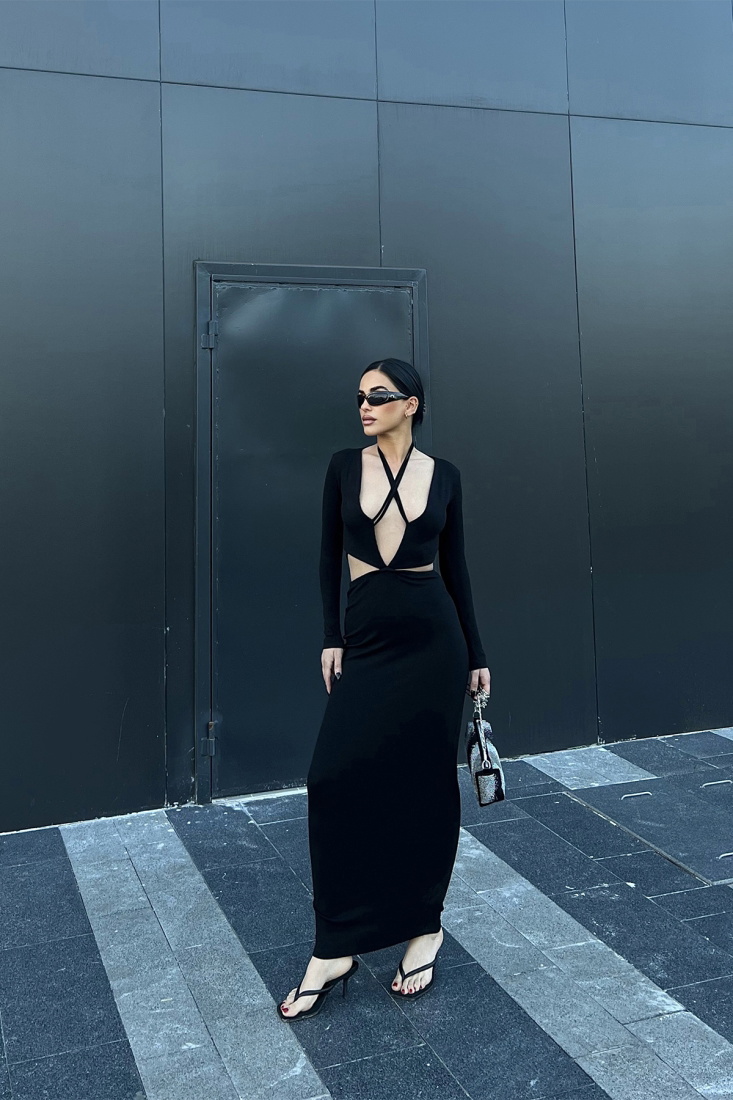 Eleni Siyah Bağlamalı Etekli Takım ATE2022 - EYYO ATELIER