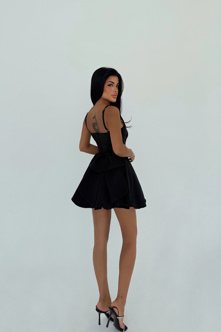 Siyah Nolan Arkası Fiyonk Detaylı Mini Elbise ATE-2945 - EYYO
