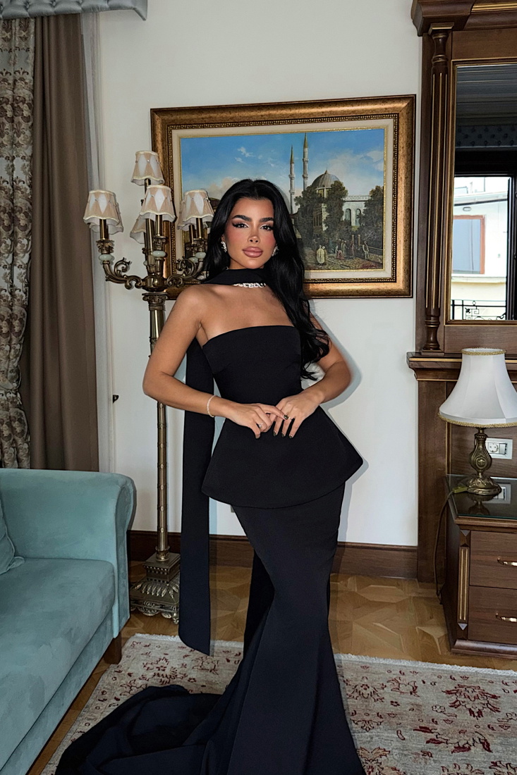 Siyah Benedita Uzun Fularlı Elbise ATE-3522 - EYYO