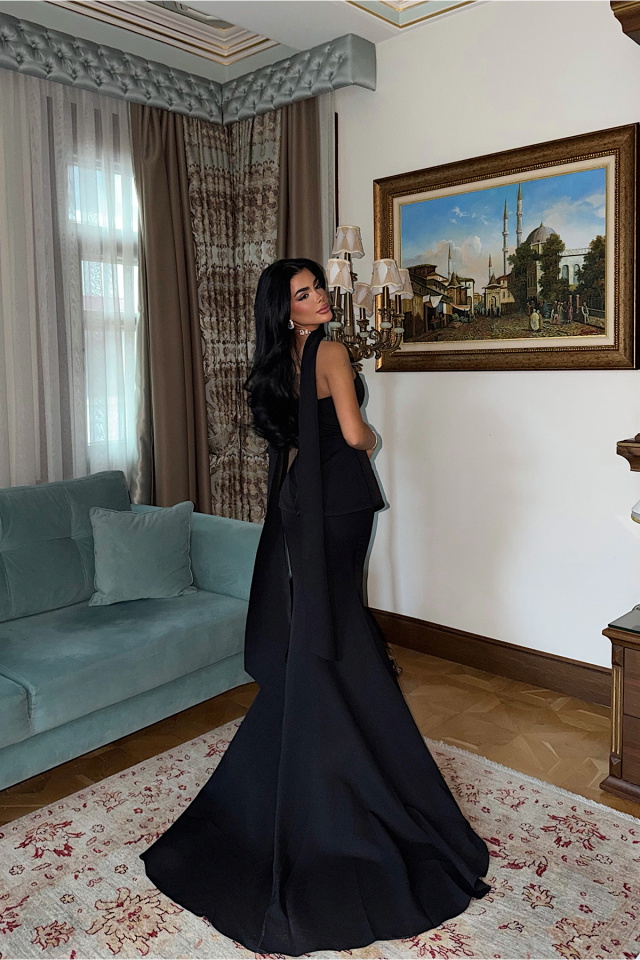 Siyah Benedita Uzun Fularlı Elbise ATE-3522 - 4