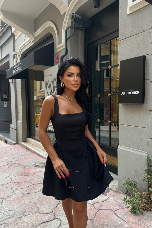 Siyah Bağlamalı Mini Elbise ATE7566 