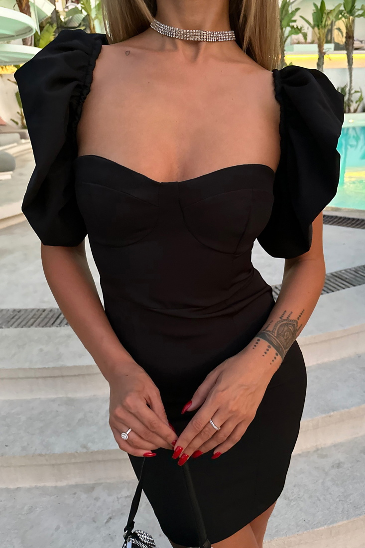 Siyah Bağlamalı Mini Elbise ATE7729 - EYYO