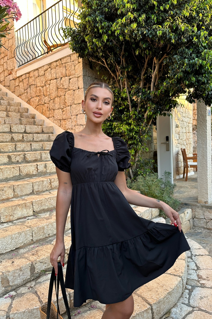 Siyah Bağlamalı Mini Elbise ATE7840 - EYYO