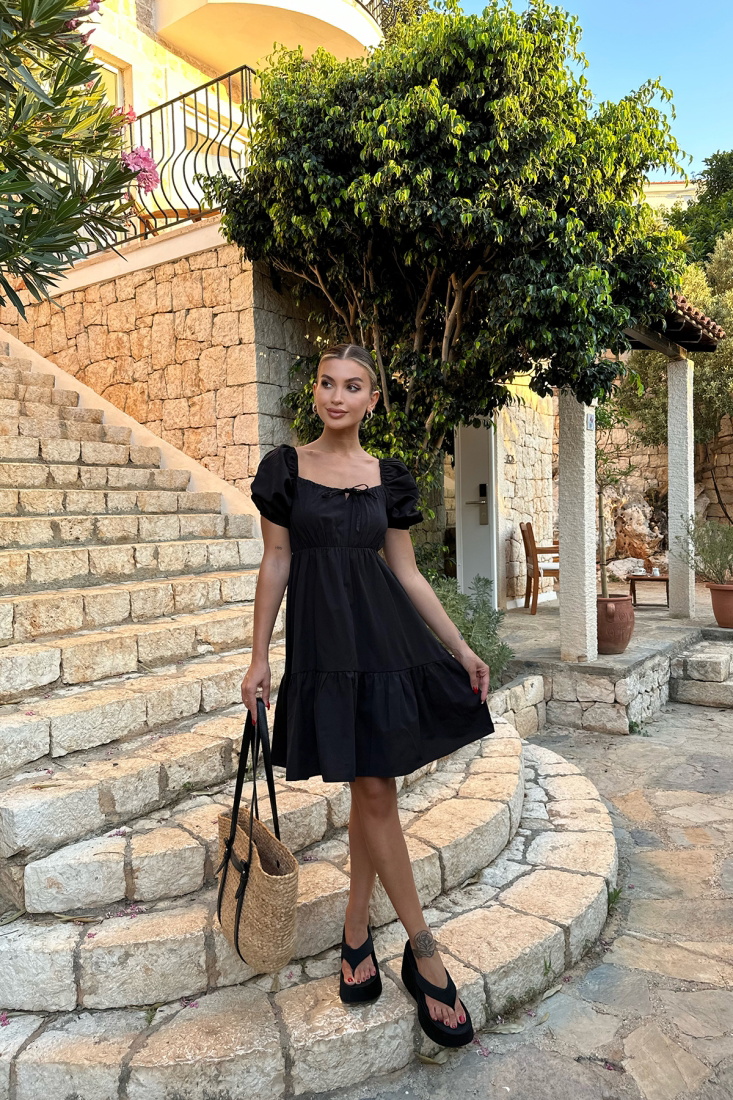 Siyah Bağlamalı Mini Elbise ATE7840 - EYYO