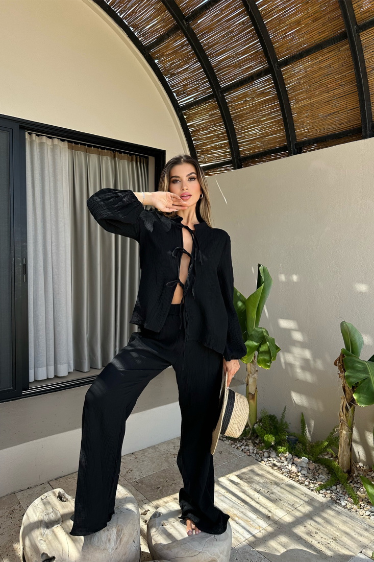 Siyah Bağlamalı Pantolonlu Takım ATE7528 - BİROL ATÖLYE