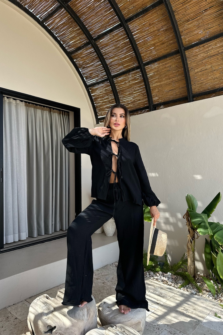 Siyah Bağlamalı Pantolonlu Takım ATE7528 - BİROL ATÖLYE